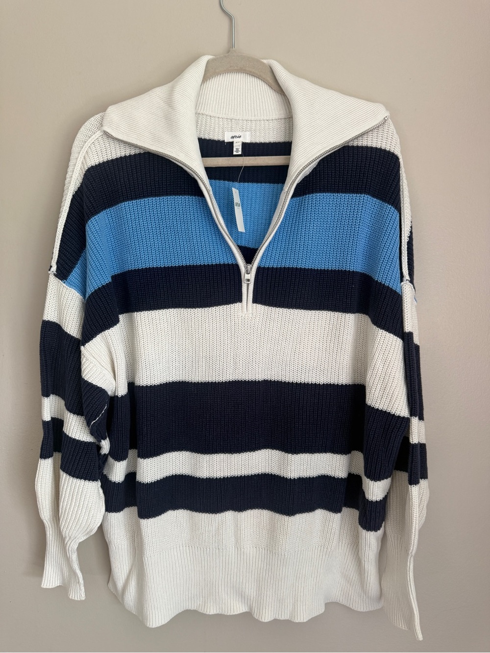 NWT Aerie Striped Half-Zip Sweater Polo - White, Navy & Sky Blue, size small